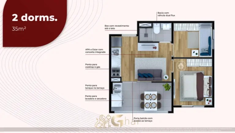 Planta do apartamento de 2 dormitórios de 35 m² do condomínio Metrocasa Santo Amaro no bairro de Santo Amaro, São Paulo