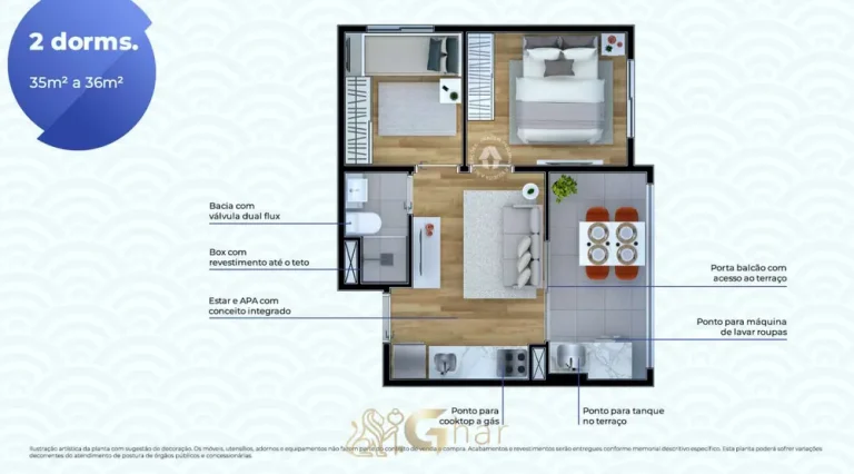 Planta do apartamento de 2 dormitórios de 36 m² em condomínio residencial no bairro da Liberdade, no Centro de São Paulo