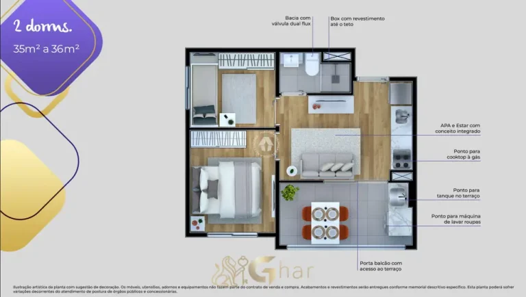 Planta do apartamento 2 dormitórios de 36 m² em condomínio residencial no bairro da Vila das Belezas, na Zona Sul de São Paulo