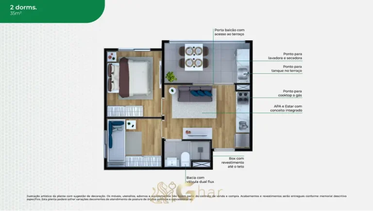 Planta do apartamento de 2 dormitórios de 35 m² em apartamentos no bairro da Vila Prudente, São Paulo