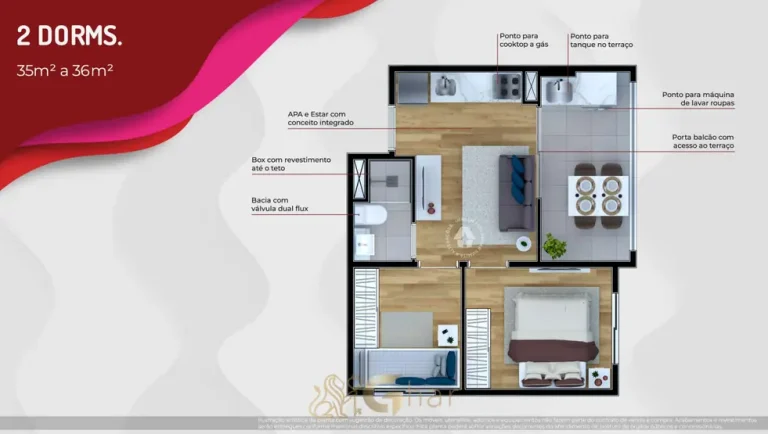 Planta do apartamento 2 dormitórios de 36 m² em apartamentos no bairro da Vila Ré, São Paulo