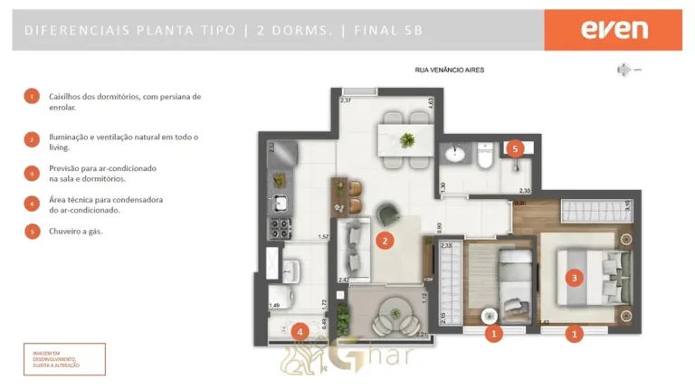 Planta do apartamento de 2 dormitórios com 47 m² do condomínio Modo Pompeia no bairro da Pompéia, São Paulo