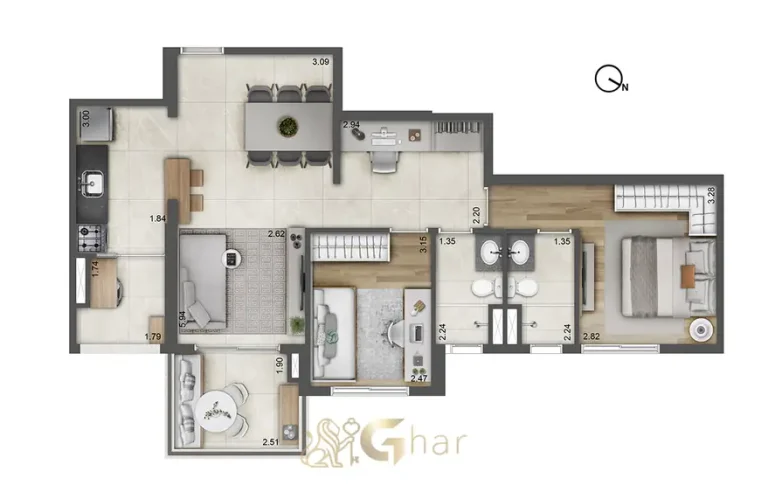 Planta do apartamento de 2 dormitórios em apartamentos no bairro do Morumbi, São Paulo