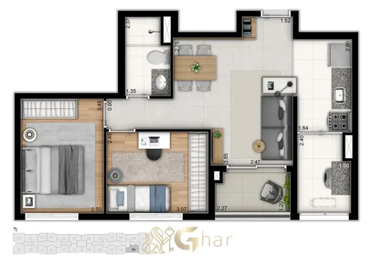 Planta tipo do apartamento de 2 dormitórios em condomínio residencial no bairro do Butantã, na Zona Oeste de São Paulo