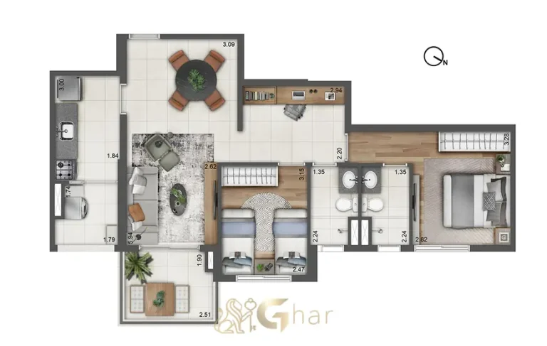 Planta tipo do apartamento de 2 dormitórios em condomínio residencial no bairro do Morumbi, na Zona Sul de São Paulo