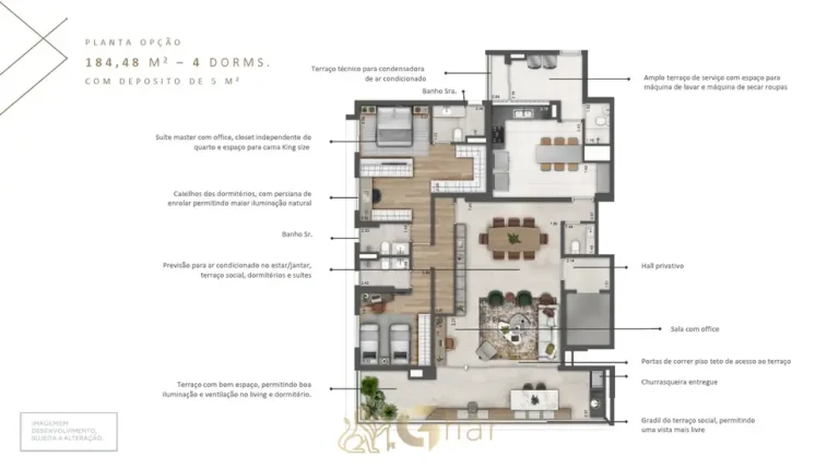Planta do apartamento com 2 suítes de 184 m² em condomínio residencial no bairro do Ibirapuera, na Zona Sul de São Paulo