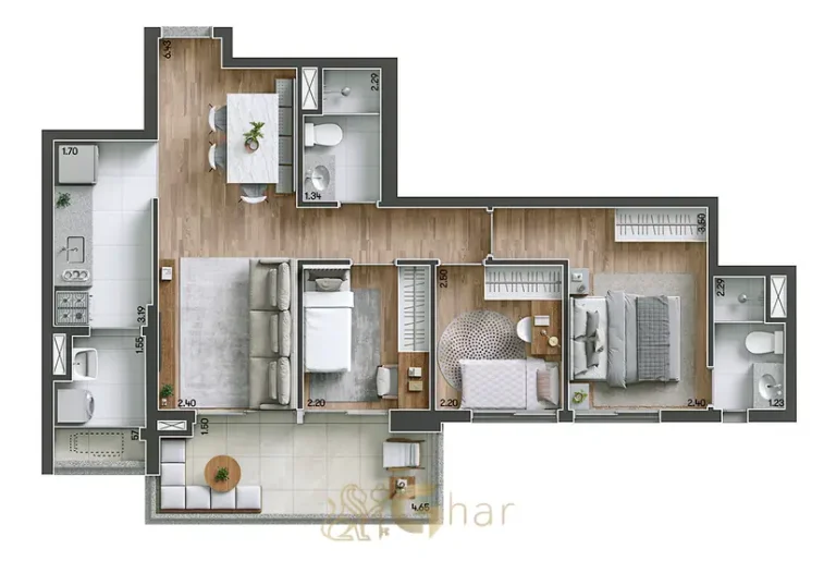 Planta do apartamento de 3 dormitórios de 72 m² do condomínio Modo Ipiranga no bairro do Ipiranga, São Paulo