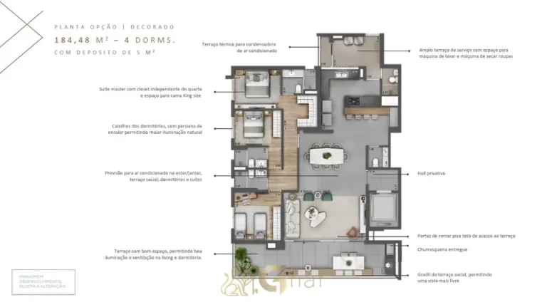 Planta do apartamento de 3 dormitórios de 184 m² em apartamentos no bairro do Ibirapuera, São Paulo