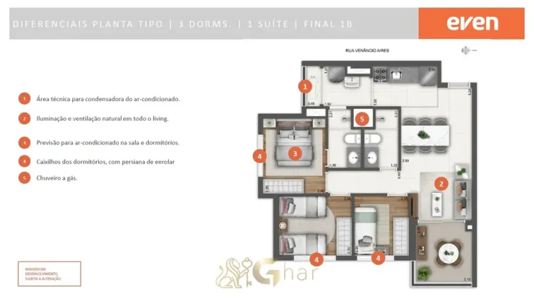 Planta do apartamento de 3 dormitórios com 63 m² em condomínio residencial no bairro da Pompéia, na Zona Oeste de São Paulo