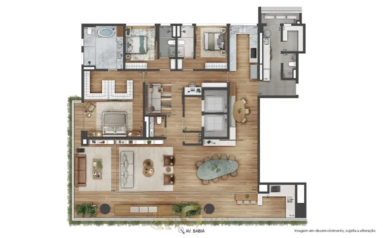 Planta alternativa do apartamento de 3 suítes e 317 m² em condomínio residencial no bairro de Moema, na Zona Sul de São Paulo