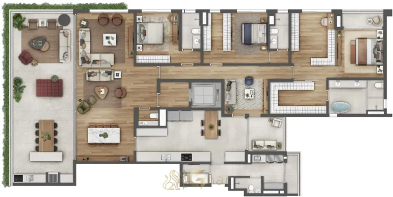 Planta baixa alternativa do apartamento de 3 suítes em apartamentos no bairro do Ibirapuera, São Paulo