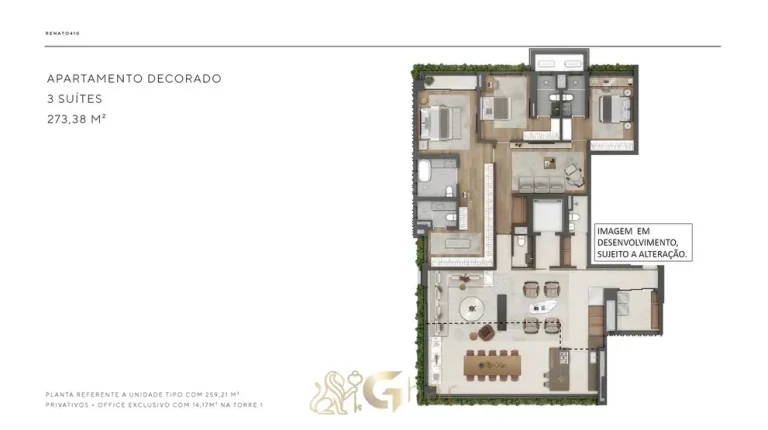 Planta do apartamento de 3 suítes com 259 m² privativos em apartamentos no bairro do Itaim Bibi, São Paulo
