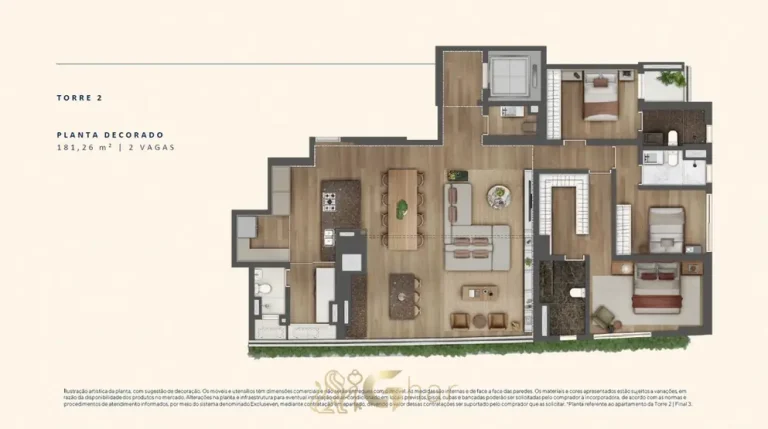 A planta do apartamento de 3 suítes de 181 m² em apartamentos no bairro da Cidade Jardim, São Paulo