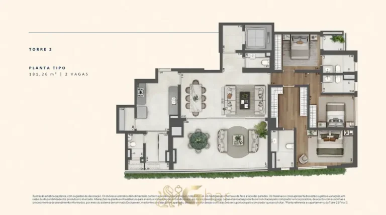 A planta do apartamento de 3 suítes de 181 m² em condomínio residencial no bairro da Cidade Jardim, na Zona Sul de São Paulo