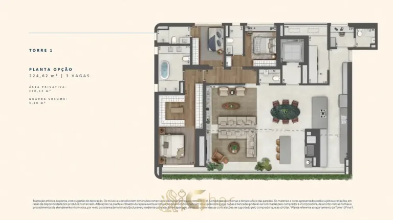 A planta do apartamento de 3 suítes de 224 m² do condomínio São Paulo Bay no bairro da Cidade Jardim, São Paulo