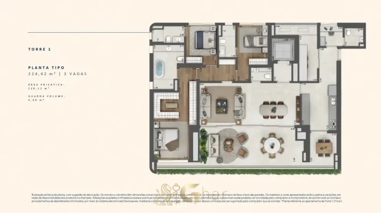 A planta do apartamento de 3 suítes de 224 m² em apartamentos no bairro da Cidade Jardim, São Paulo