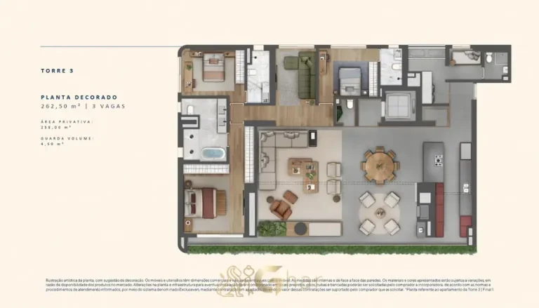 A planta do apartamento de 3 suítes de 262 m² em condomínio residencial no bairro da Cidade Jardim, na Zona Sul de São Paulo