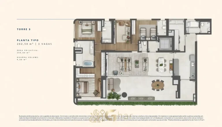 A planta do apartamento de 3 suítes de 262 m² do condomínio São Paulo Bay no bairro da Cidade Jardim, São Paulo