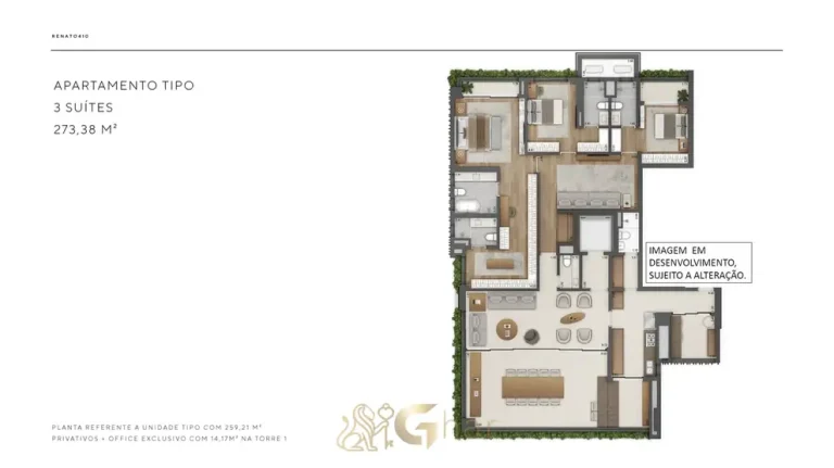 Planta tipo do apartamento de 3 suítes de 259 m² em condomínio residencial no bairro do Itaim Bibi, na Zona Sul de São Paulo