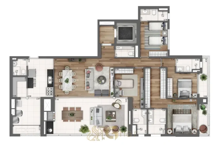 Planta tipo do apartamento de 4 suítes em condomínio residencial no bairro de Perdizes, na Zona Oeste de São Paulo