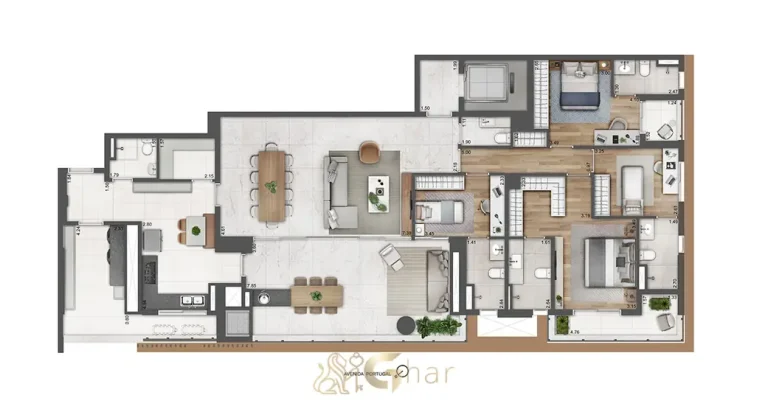 Planta tipo do apartamento de 4 suítes em apartamentos no bairro do Brooklin, São Paulo