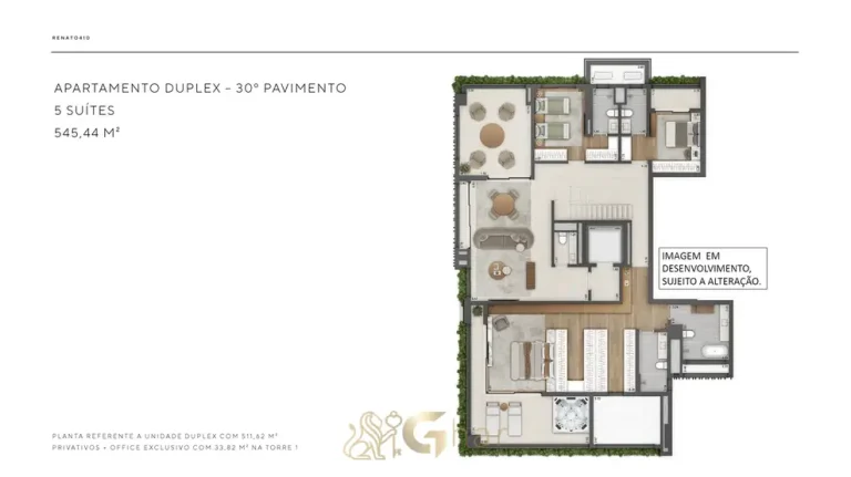 Planta do pavimento inferior da cobertura duplex de 511 m² em condomínio residencial no bairro do Itaim Bibi, na Zona Sul de São Paulo