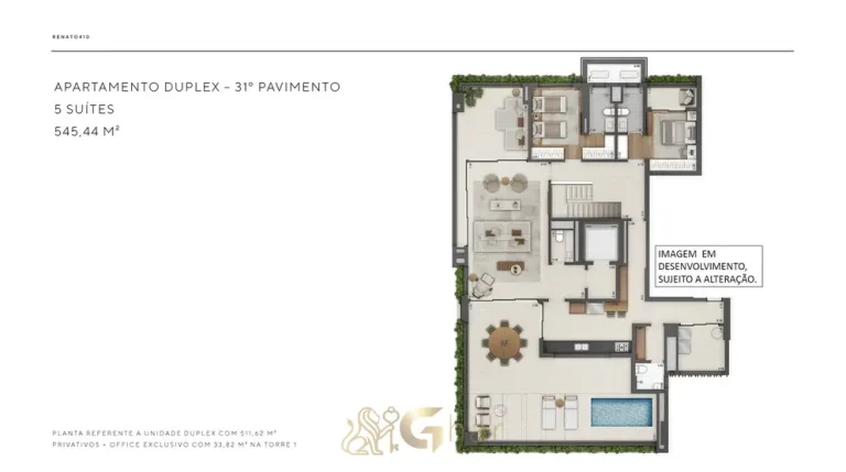 Planta do pavimento superior da cobertura duplex de 511 m² do condomínio Renato 410 no bairro do Itaim Bibi, São Paulo