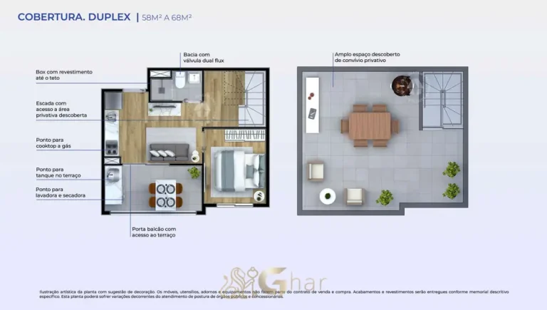 Planta da cobertura duplex de 58 m² a 68 m² do condomínio Metrocasa Jaçanã II no bairro do Jaçanã, São Paulo