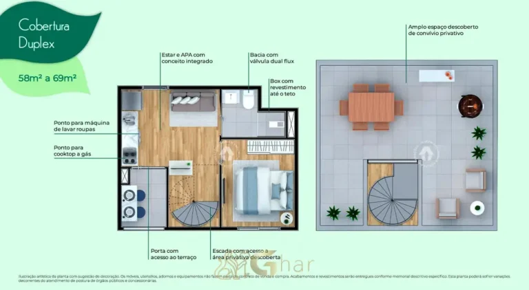 Planta da cobertura duplex de 69 m² do condomínio Metrocasa Jardim Botânico no bairro do Cursino, São Paulo