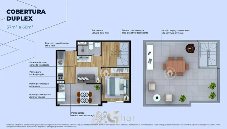 Planta da cobertura duplex de 68 m² em apartamentos no bairro da Liberdade, São Paulo