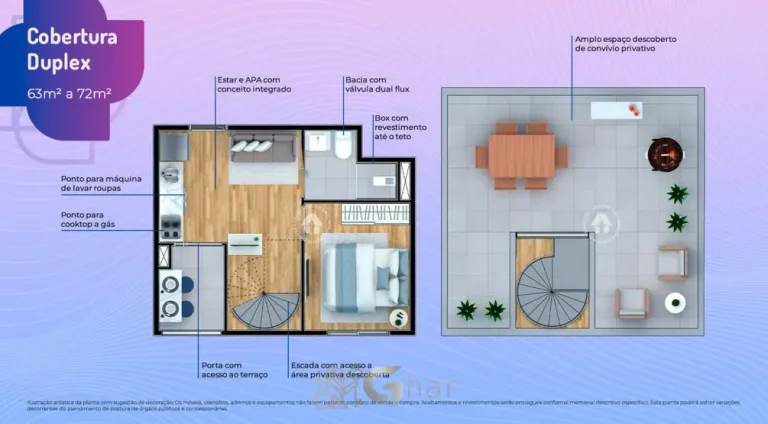 Planta da cobertura duplex de 72 m² em condomínio residencial no bairro da Praça da Árvore, na Zona Sul de São Paulo