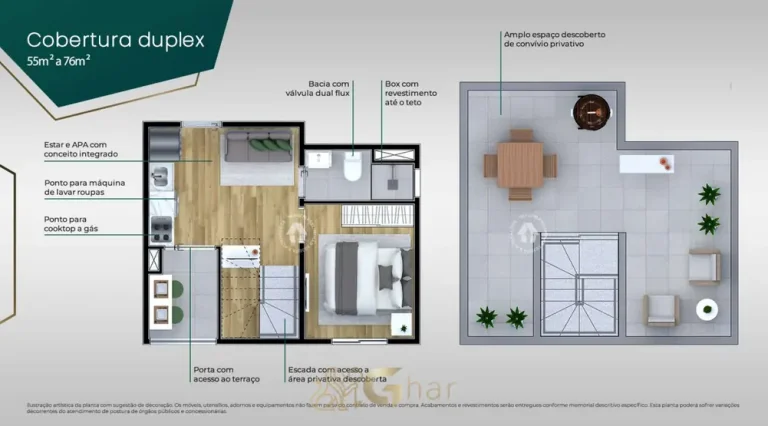 Planta da cobertura duplex de 76 m² em apartamentos no bairro do Morumbi, São Paulo