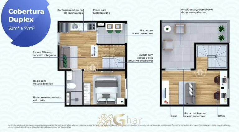 Planta da cobertura duplex de 77 m² do condomínio Metrocasa São Joaquim no bairro da Liberdade, São Paulo