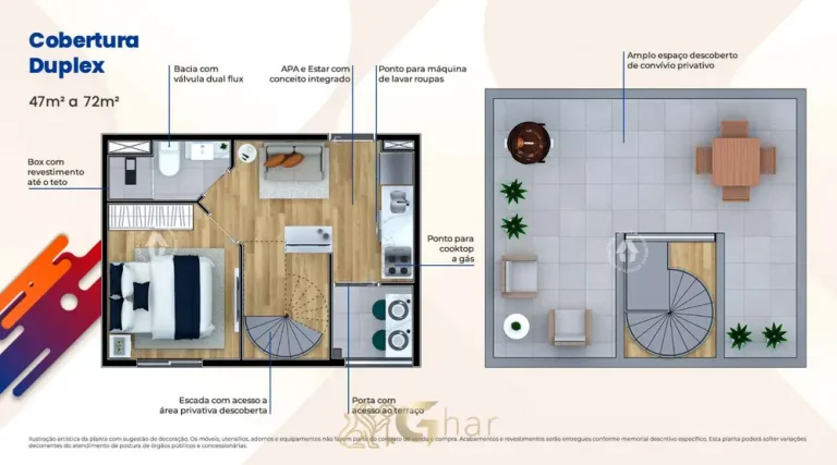 Planta da cobertura duplex de 72 m² em condomínio residencial no bairro de São Miguel Paulista, na Zona Leste de São Paulo
