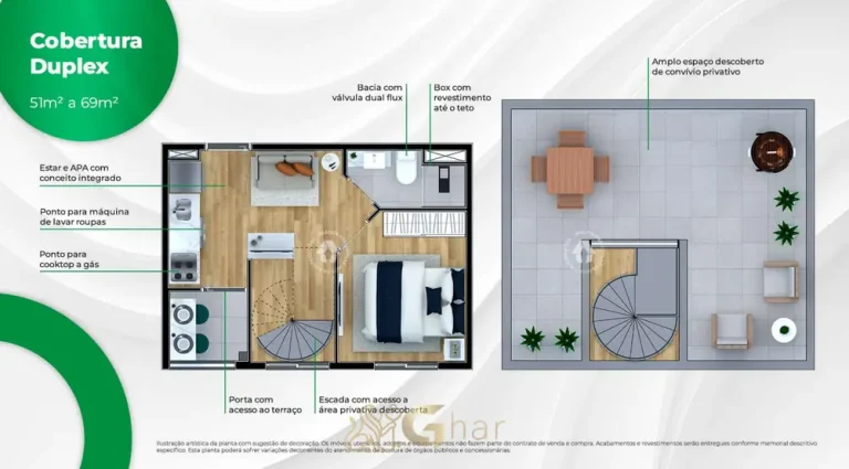 Planta da cobertura duplex de 69,17 m² em apartamentos no bairro de Sapopemba, São Paulo