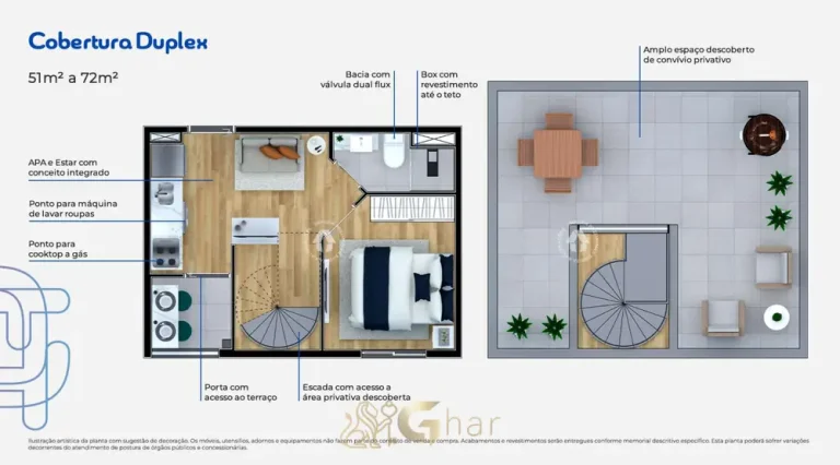 Planta da cobertura duplex de 72 m² em condomínio residencial no bairro do Tucuruvi, na Zona Norte de São Paulo