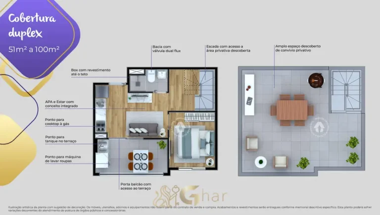 Planta da cobertura duplex de até 100 m² em apartamentos no bairro da Vila das Belezas, São Paulo