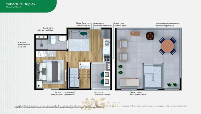 Planta da cobertura duplex de 68 m² em condomínio residencial no bairro da Vila Prudente, na Zona Leste de São Paulo
