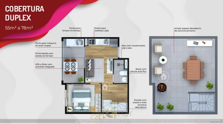 Planta da cobertura duplex de 78 m² em condomínio residencial no bairro da Vila Ré, na Zona Leste de São Paulo