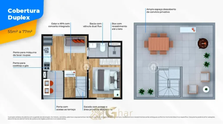Planta da cobertura duplex de 77 m² em apartamentos no bairro da Cidade Ademar, São Paulo