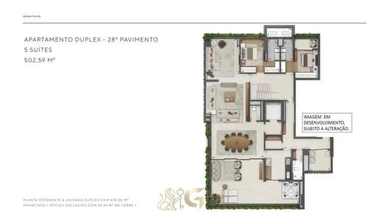 Planta do pavimento inferior do duplex de 5 suítes com 478 m² do condomínio Renato 410 no bairro do Itaim Bibi, São Paulo
