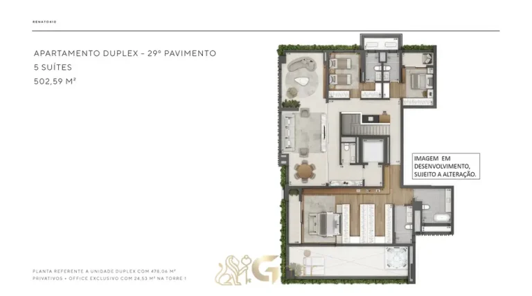 Planta do pavimento superior do duplex de 5 suítes com 478 m² em apartamentos no bairro do Itaim Bibi, São Paulo