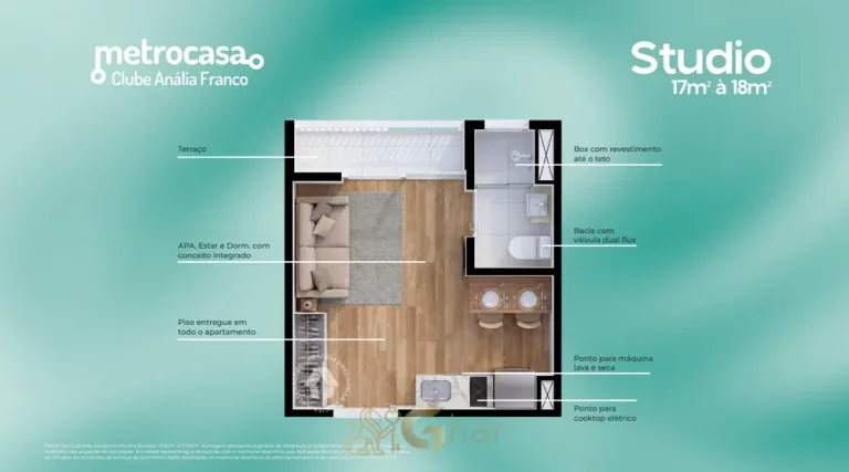 Planta do studio de 17 m² do condomínio Metrocasa Clube Anália Franco no bairro do Jardim Anália Franco, São Paulo