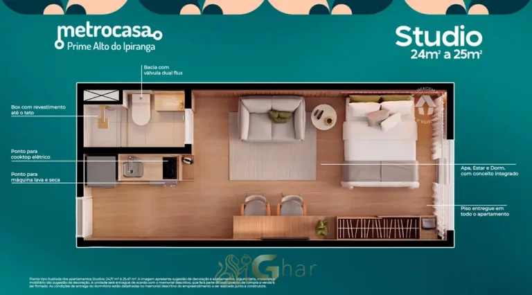 Planta do apartamento studio fita (25 m²) do condomínio Metrocasa Prime Alto do Ipiranga no bairro do Alto do Ipiranga, São Paulo