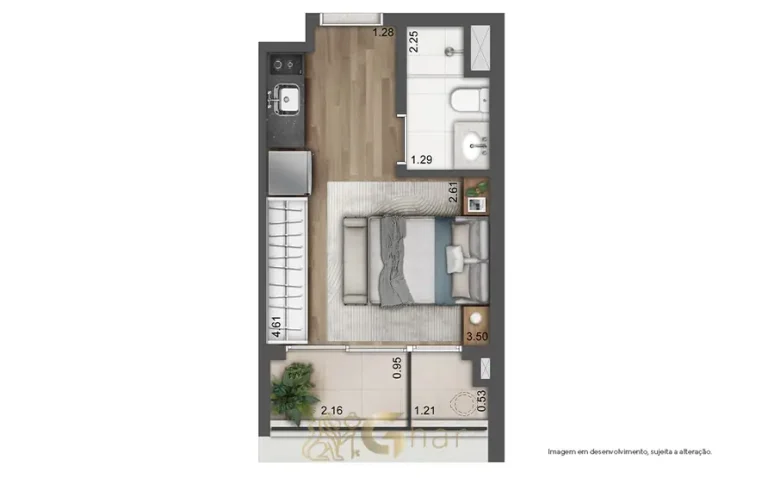 Planta do apartamento studio em apartamentos no bairro do Brooklin, São Paulo