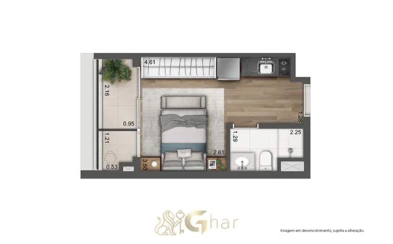 Planta alternativa do apartamento studio em condomínio residencial no bairro do Brooklin, na Zona Sul de São Paulo