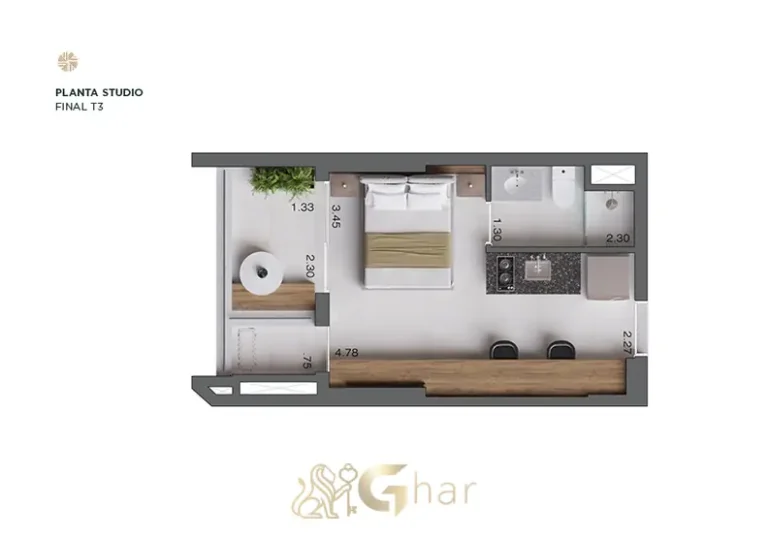 Planta do apartamento studio em apartamentos no bairro do Brooklin, São Paulo