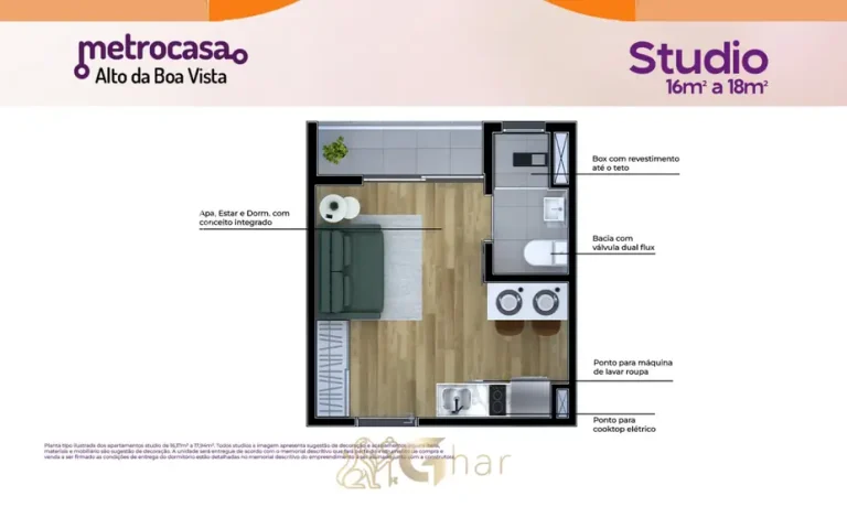 Planta do apartamento studio do condomínio Metrocasa Alto da Boa Vista no bairro do Alto da Boa Vista, São Paulo