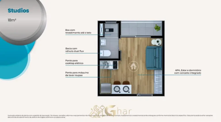 Planta do studio de 18 m² em condomínio residencial no bairro da Vila Ema, na Zona Leste de São Paulo