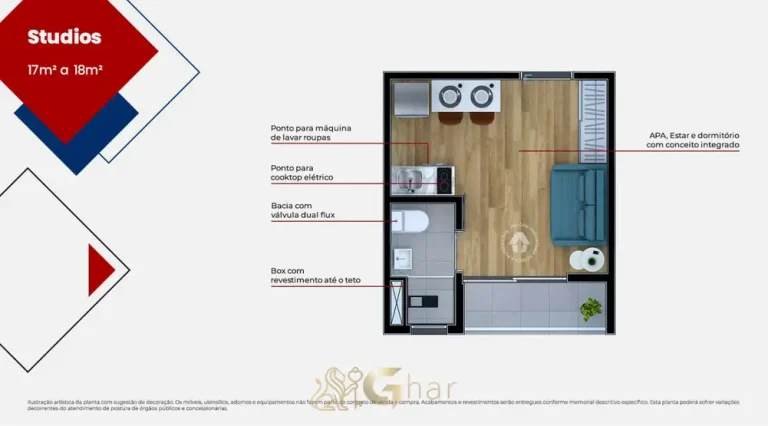Planta do apartamento studio de 18 m² em apartamentos no bairro da Barra Funda, São Paulo